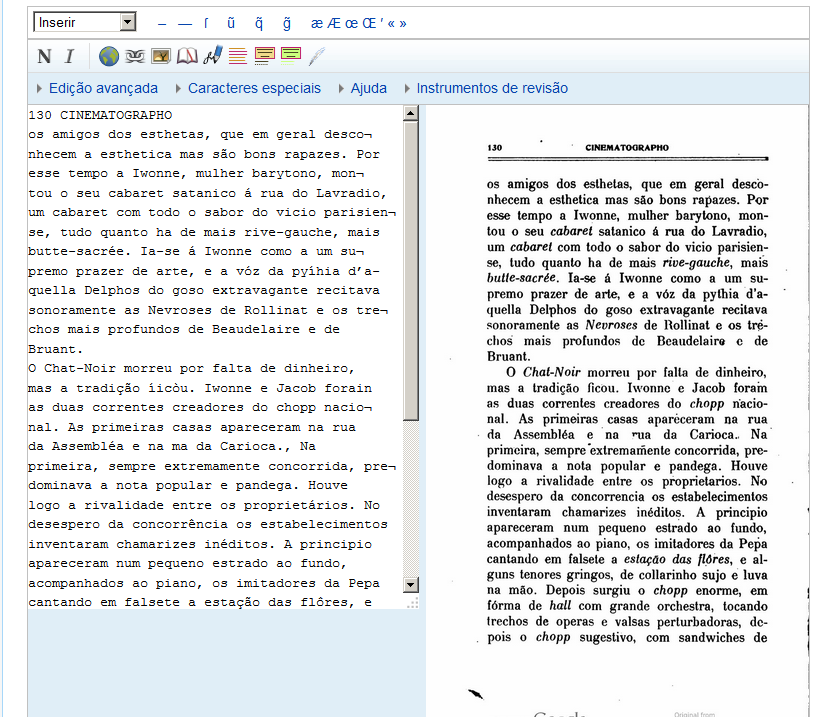 Tela de edição de uma página específica do livro. À direita, imagem digitalizada da página. À esquerda, box de edição do texto correspondente à página. O link instrumentos de revisão incluem recursos para aumento ou redução de zoom da imagem exibida, bem como alternância entre a tela atual de edição ou com a digitalização sendo exibida acima e a caixa de edição exibida abaixo. Esta tela em específico contém o texto de OCR bruto, gerado de forma automática ao se seguir um dos links vermelhos ilustrados da tela anterior.